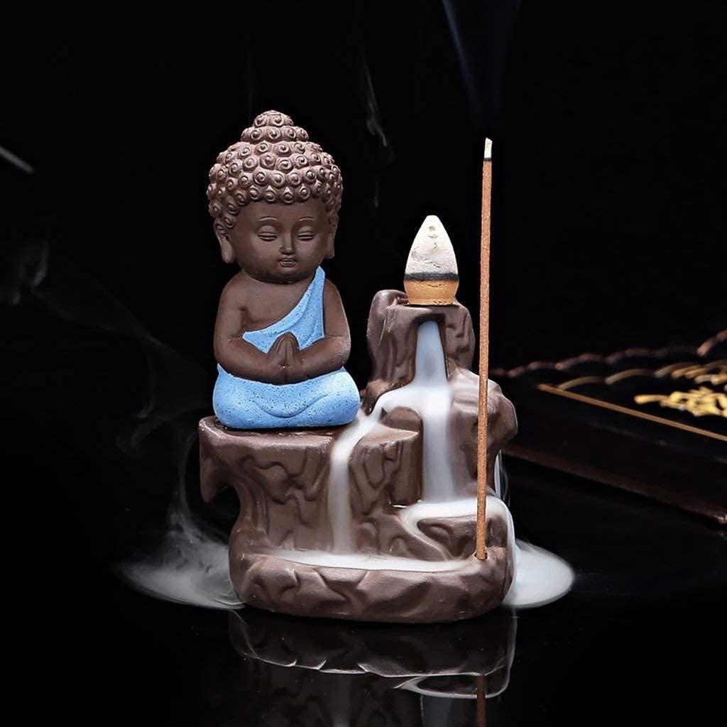 Meditating Buddha Monk Idol Backflow Smoke Conical Fountain Incense Stick Dhoop Batti Stand Holder with 10 Dhoop Cones